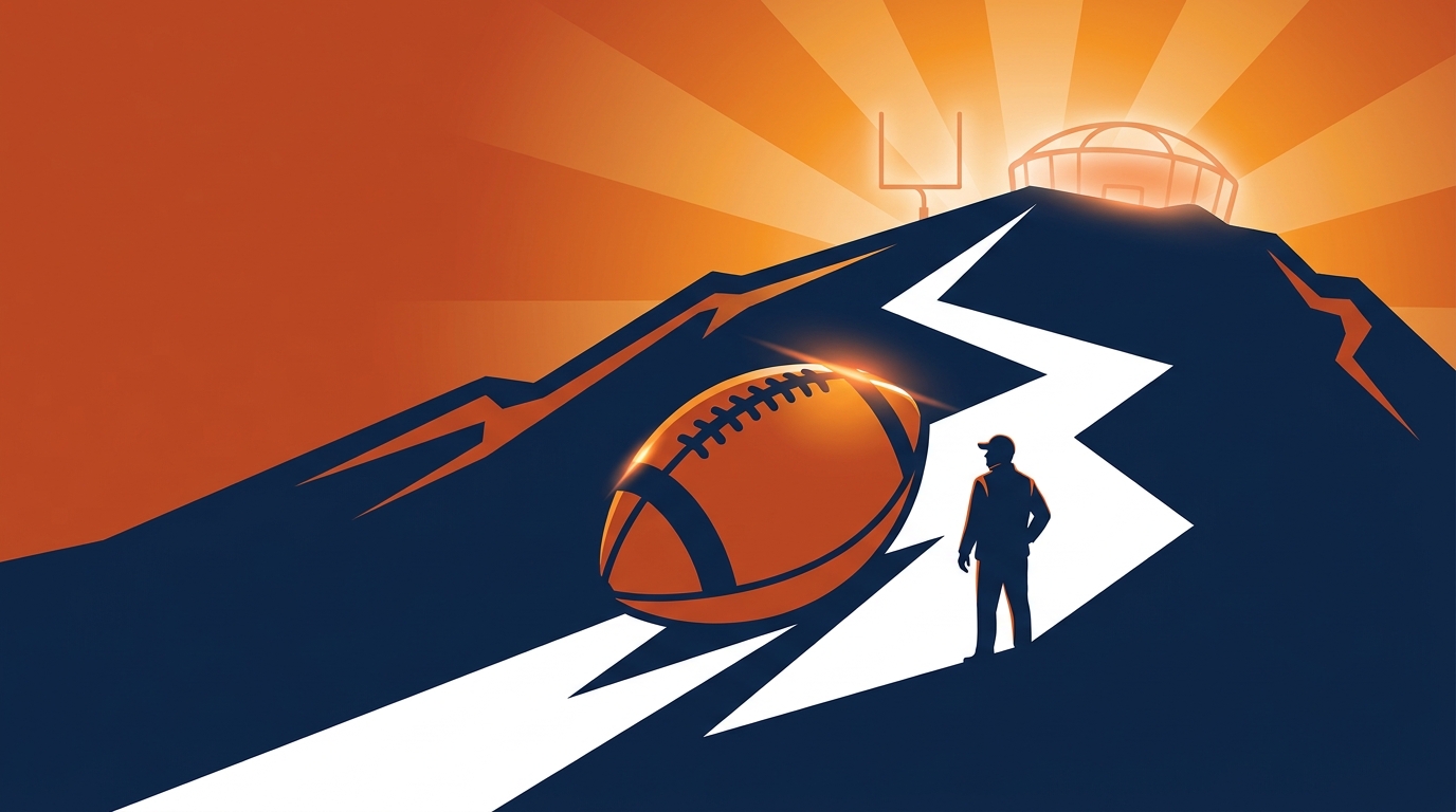 A stylized illustration of a football on an uphill path in Auburn colors