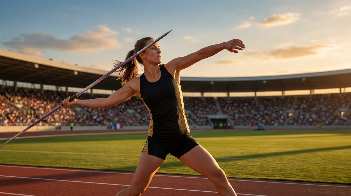 Female javelin thrower mid-release in outdoor stadium