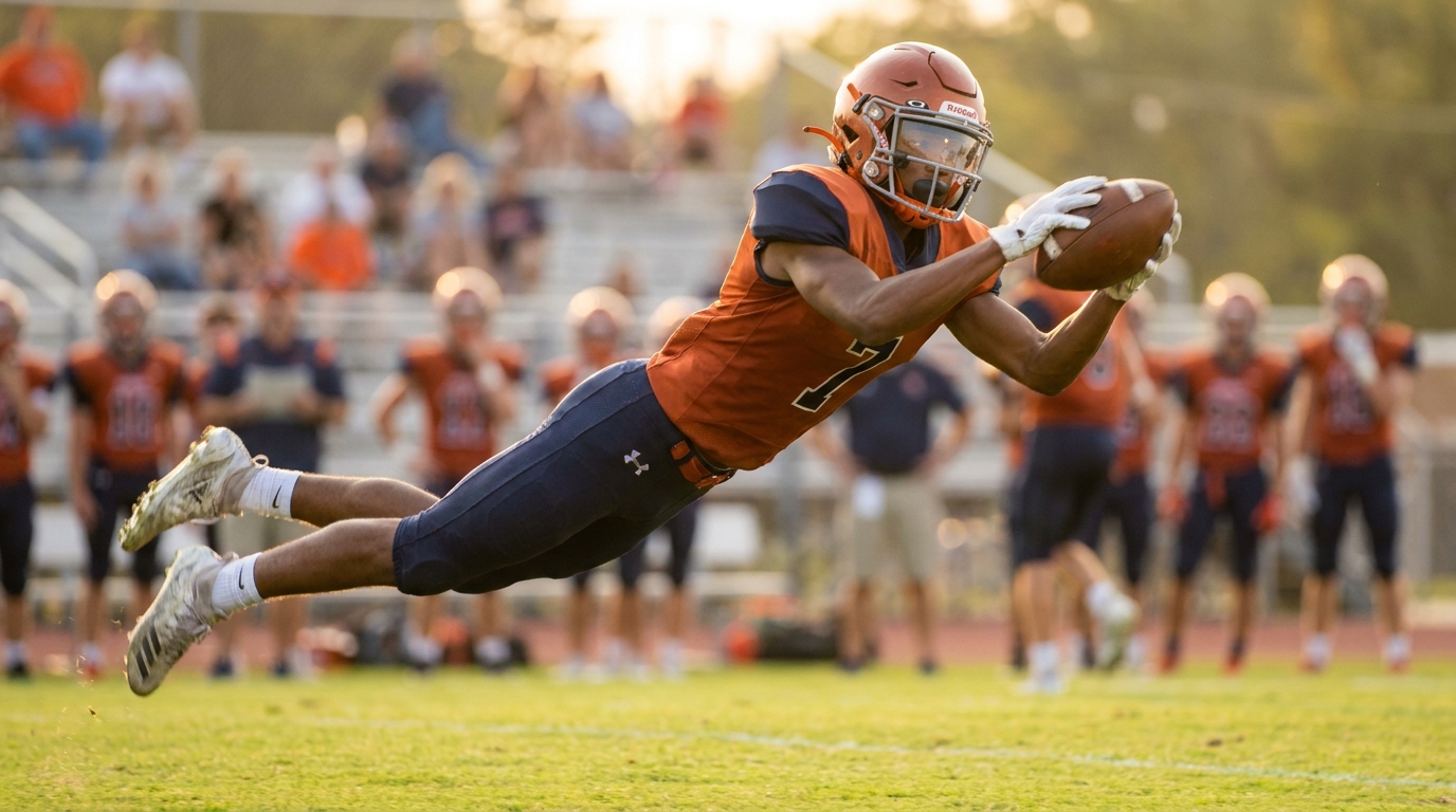 Football wide receiver making a leaping catch