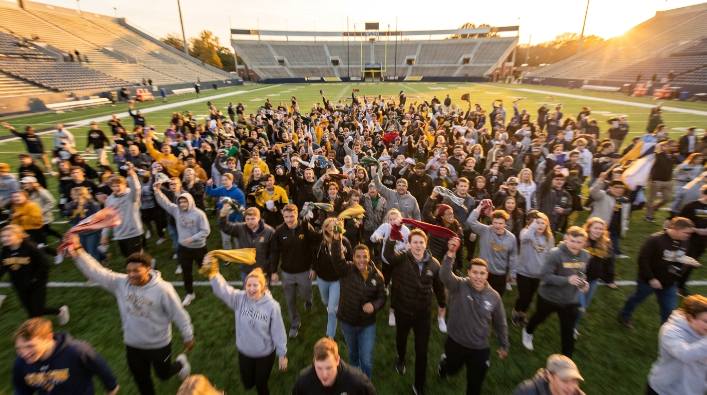 College crowd rushing the field