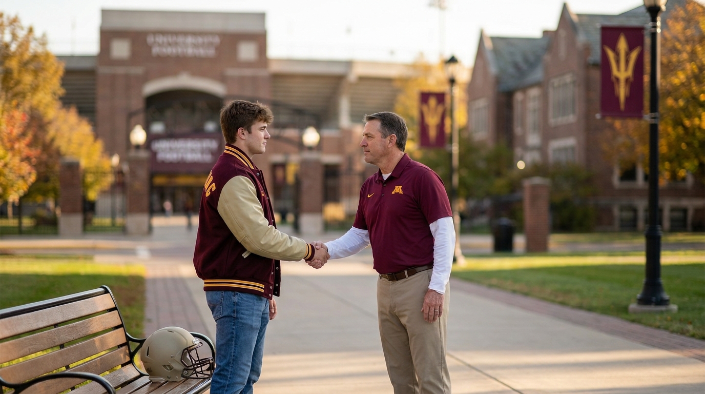 Recruit handshake on college campus during an official visit