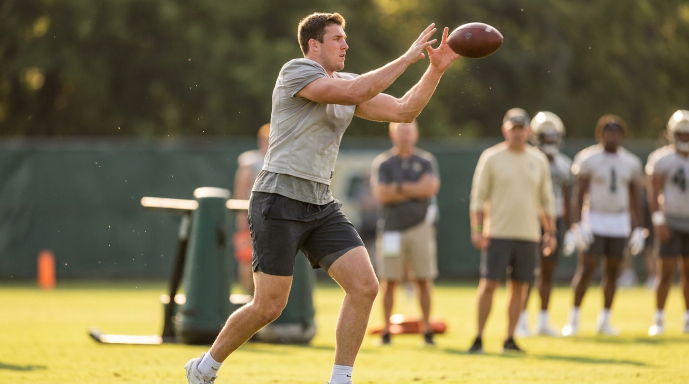 Tall tight end catching a football during training
