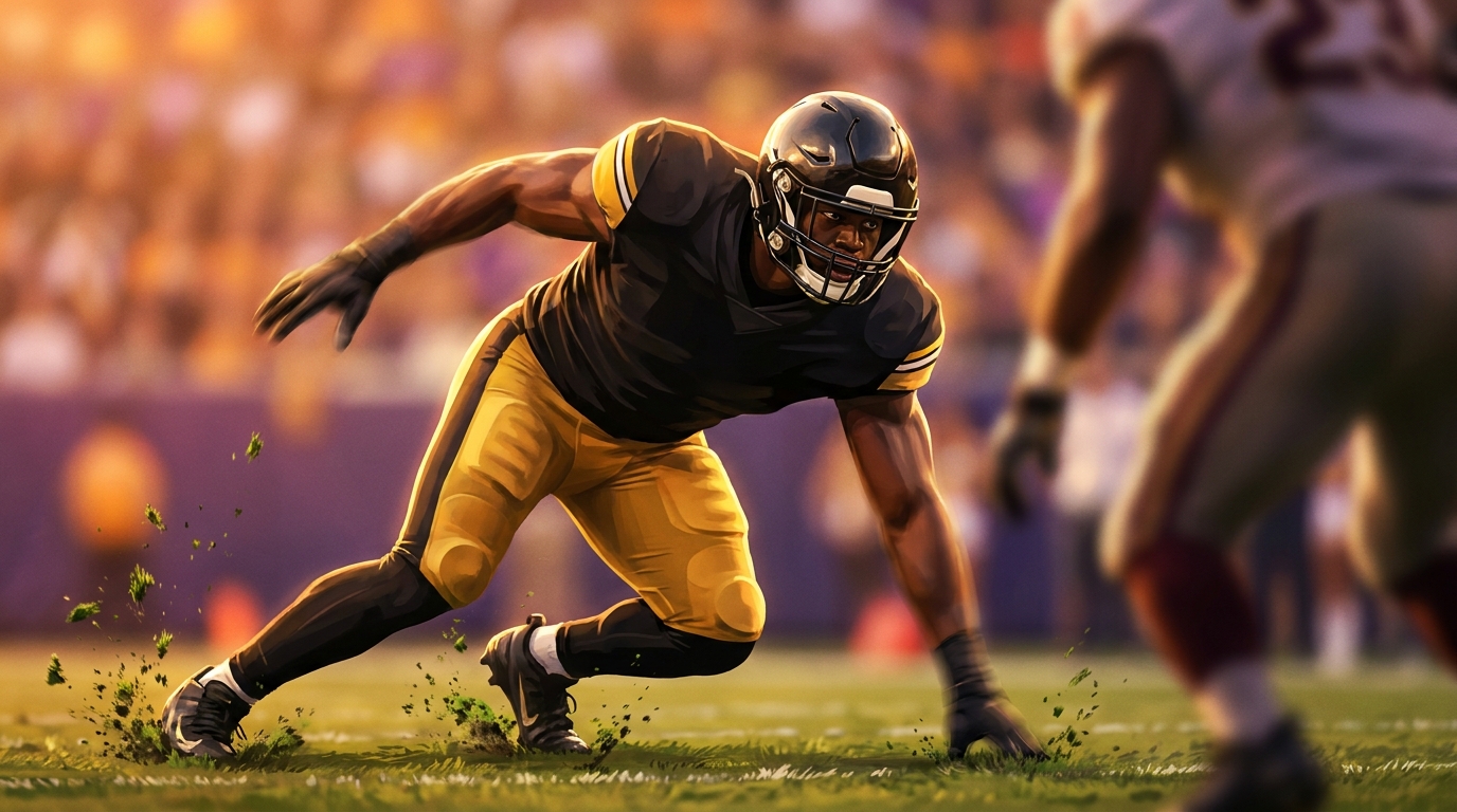 Defensive lineman exploding off the snap under golden hour stadium lights