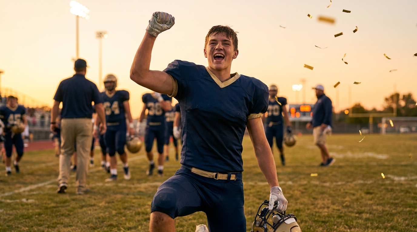 High school football player celebrating commitment