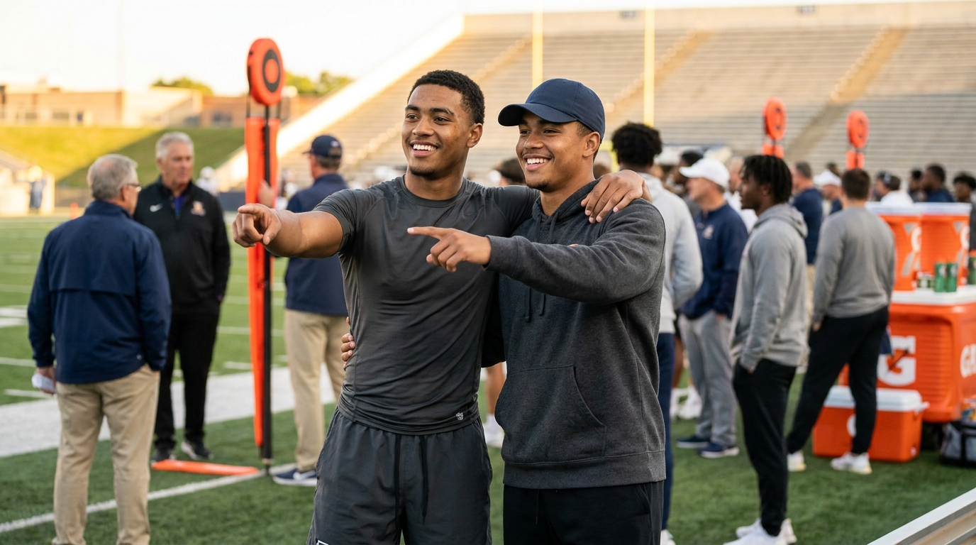 Two young quarterbacks celebrating sideline recruiting visit at a college stadium