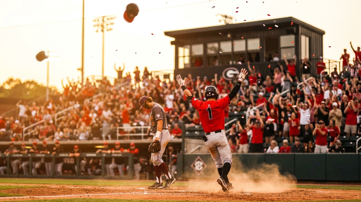 Energetic moment at Foley Field showing a Georgia player celebrating at home plate with a packed, cheering crowd and warm golden-hour lighting.