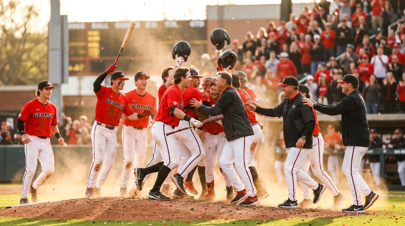 Georgia baseball team celebrating their SEC Tournament semifinal win