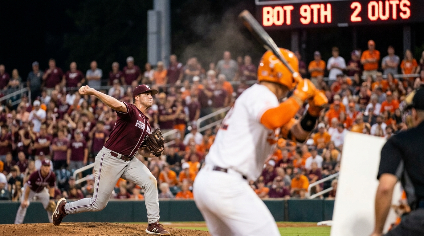 Hoover Met game night: pitcher mid-delivery, batter ready, floodlights and packed stands