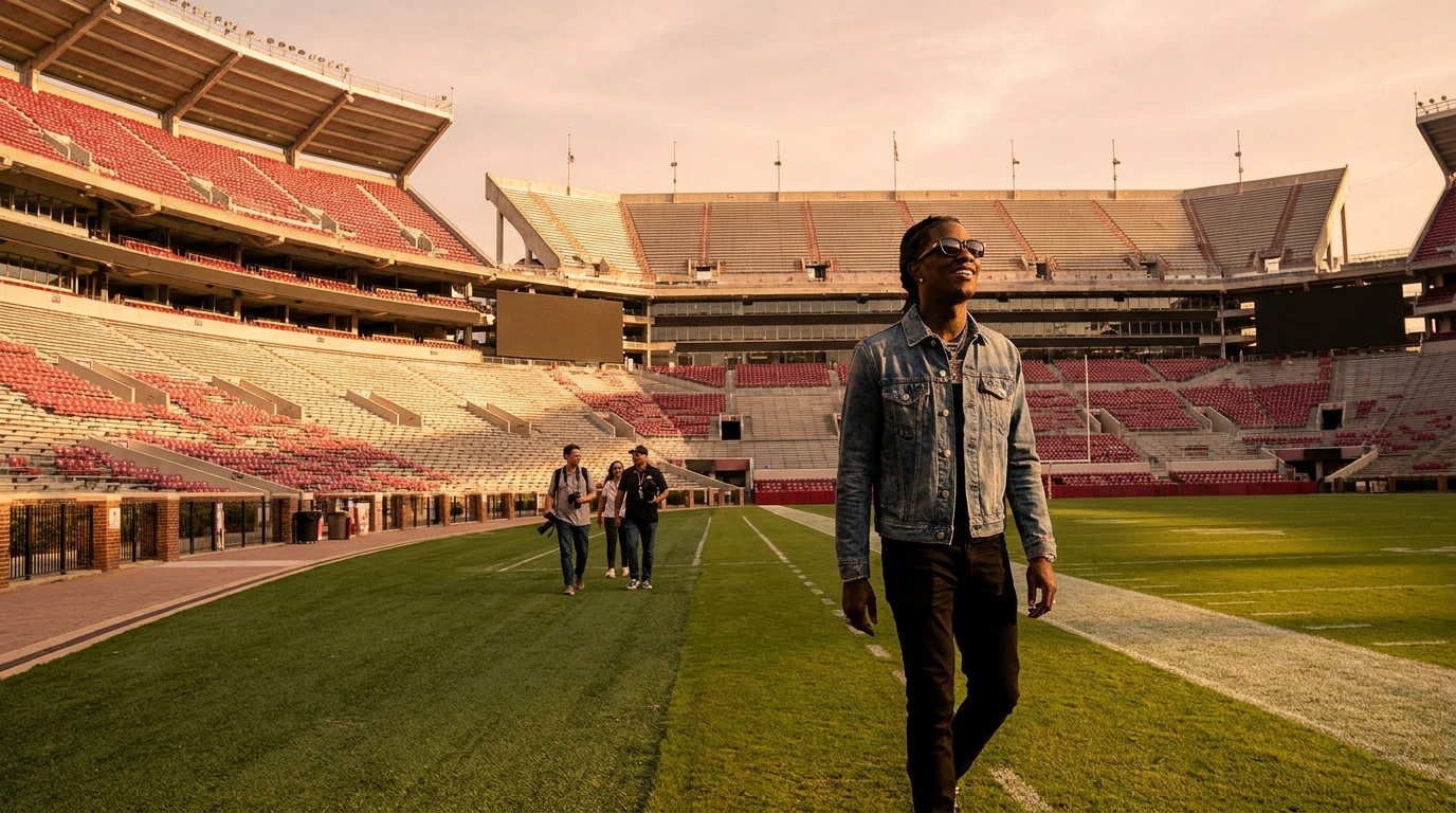 Ice Cube touring Bryant-Denny Stadium at golden hour