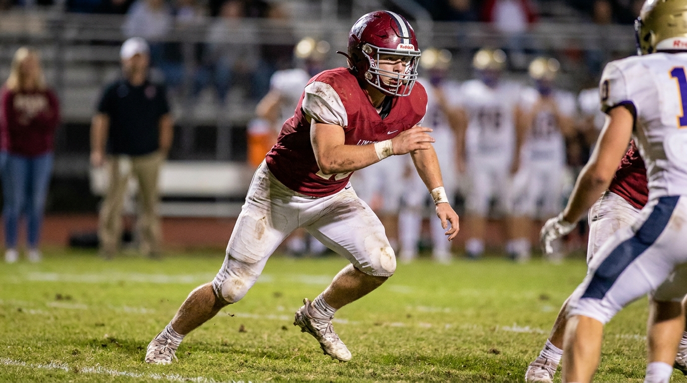Young linebacker in crimson and white poised to make a tackle on a high school field