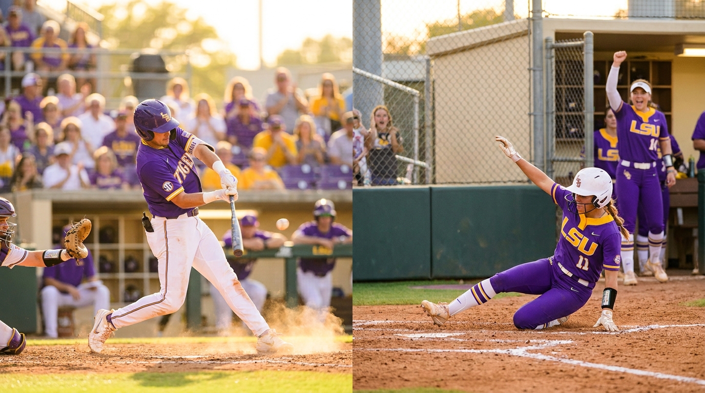 LSU baseball and softball players in action