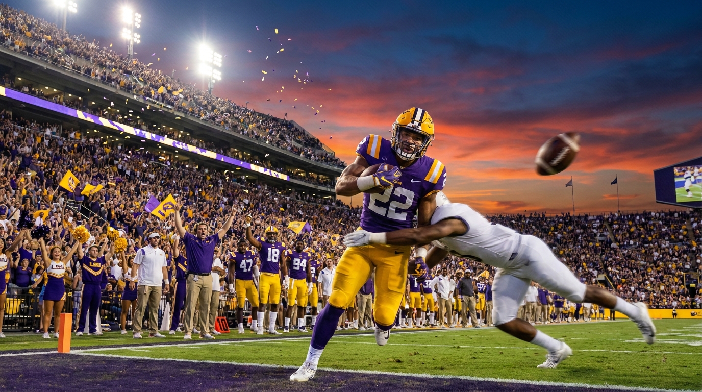 LSU sports action scene with players mid-play and packed Tiger Stadium at dusk