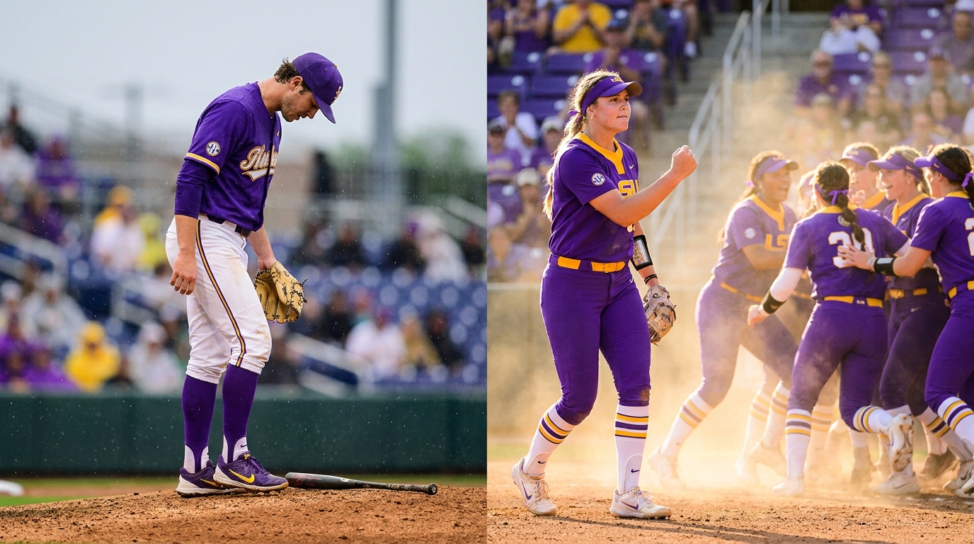 Split-frame photo showing dejected LSU baseball pitcher on left and celebrating LSU softball pitcher and teammates on right
