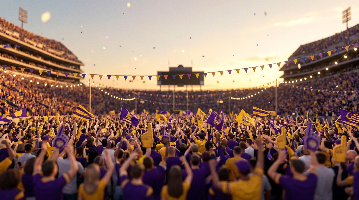 Wide cinematic shot of Tiger Stadium filled with cheering fans at sunset