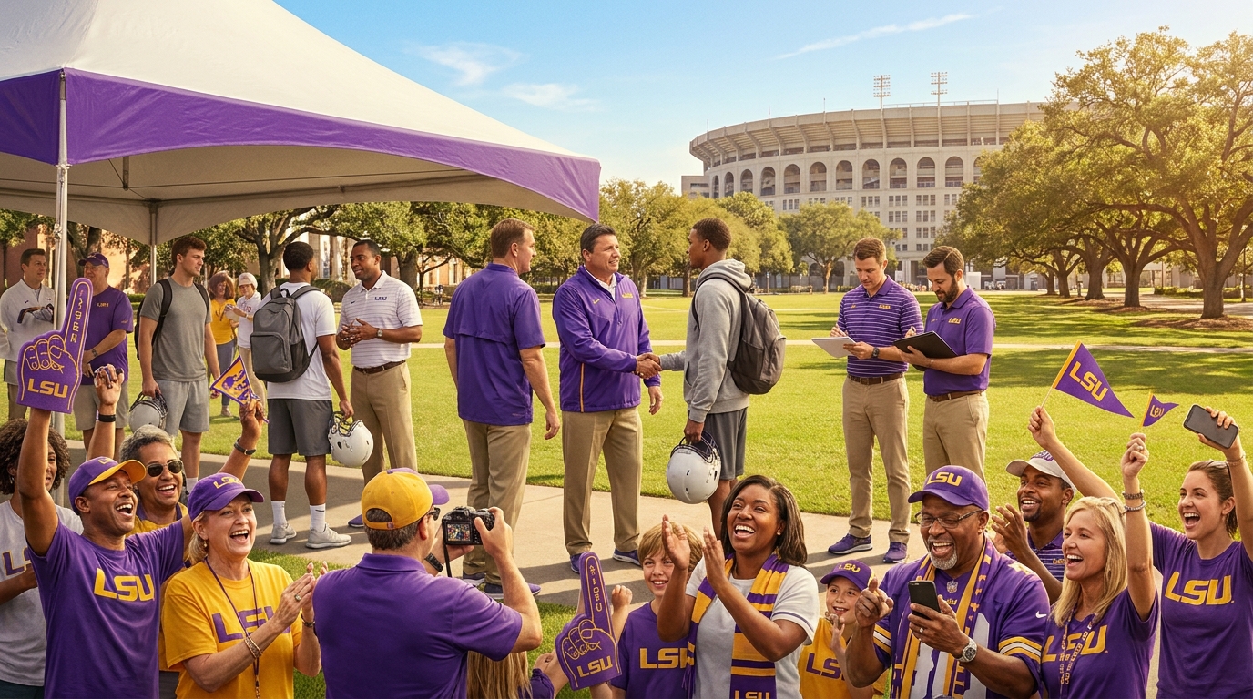 Fans in purple and gold cheering near Tiger Stadium as recruits and coaches talk on a sunny campus day