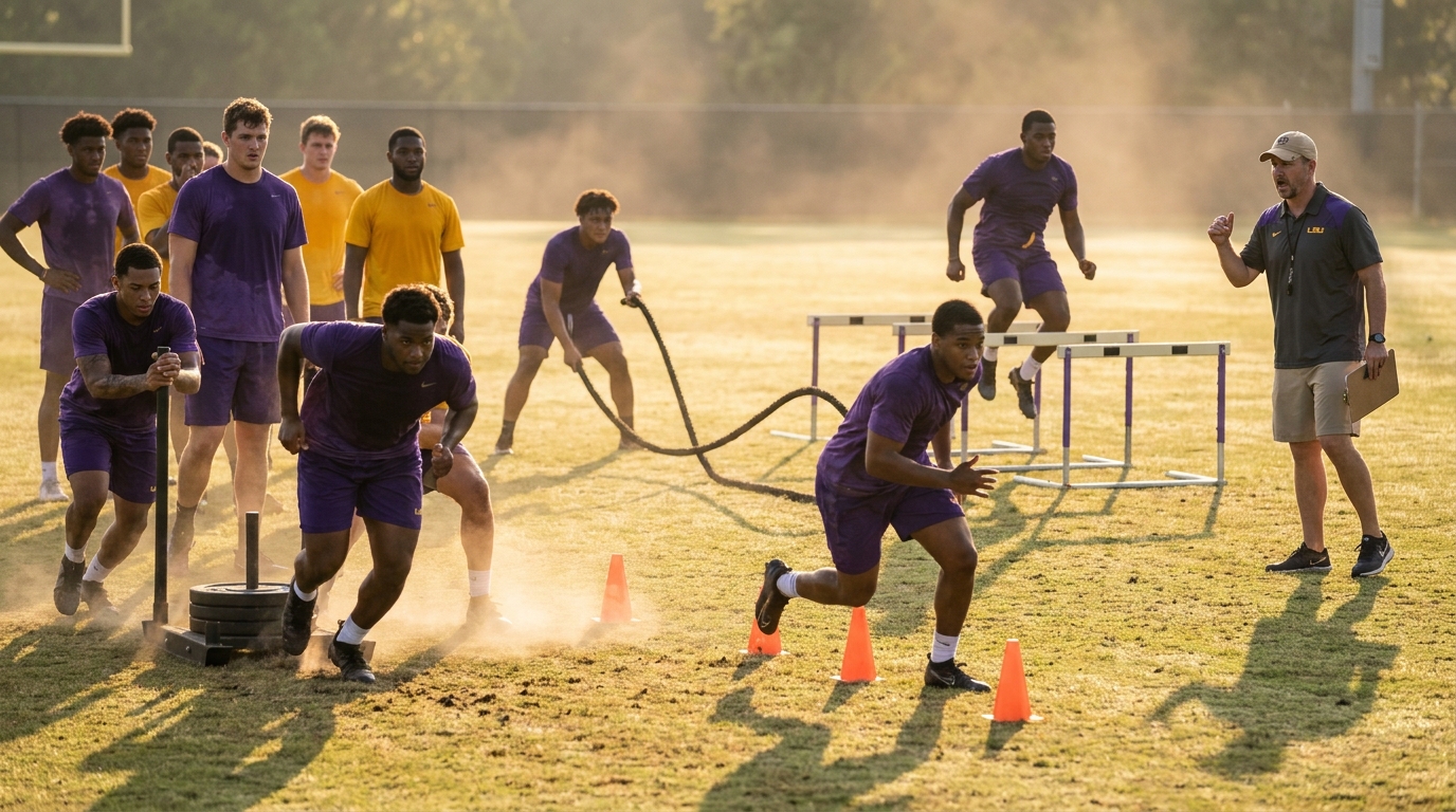 LSU players engaged in intense outdoor summer workouts, strength coach directing