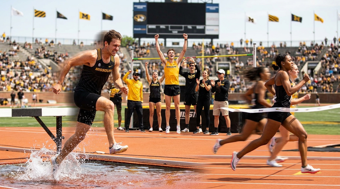 Missouri Tigers athletes competing in action at the SEC Outdoor Championships
