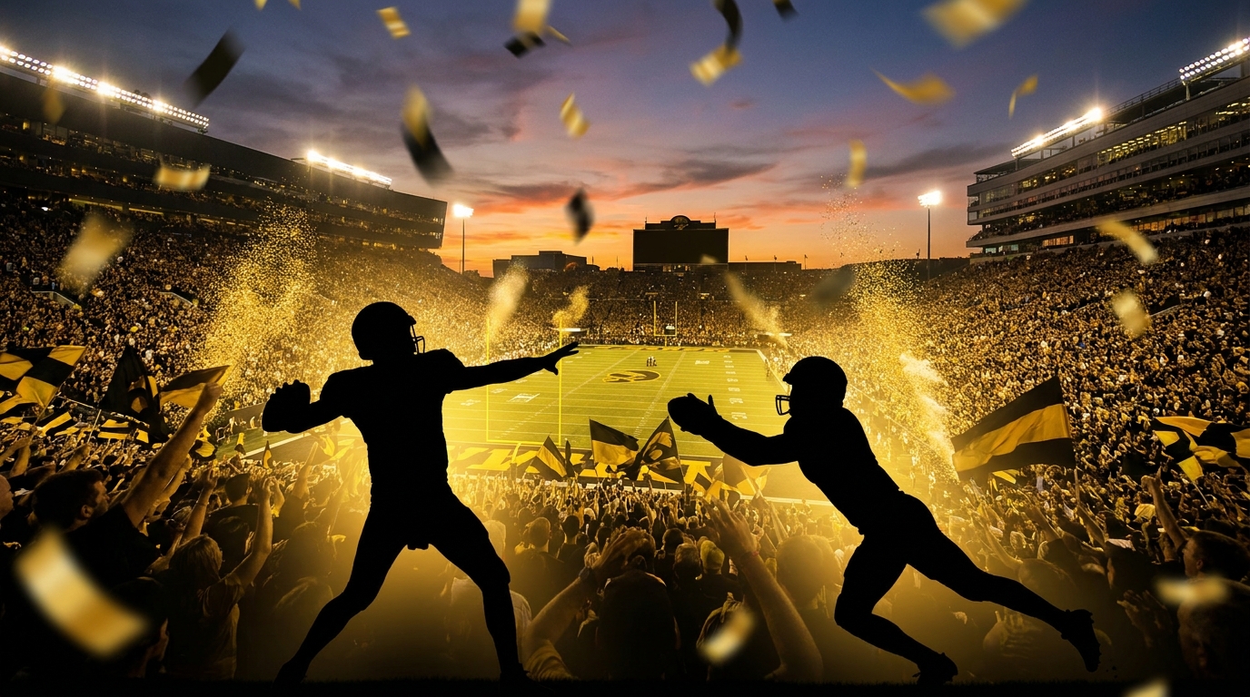 Missouri Tigers stadium at dusk with black and gold tones and two player silhouettes conveying high energy