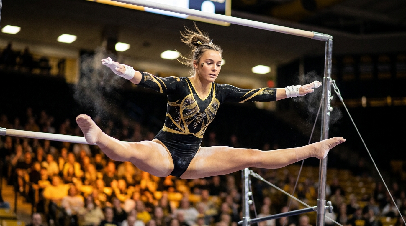 Missouri Tigers gymnast performing an uneven bars release move in midair