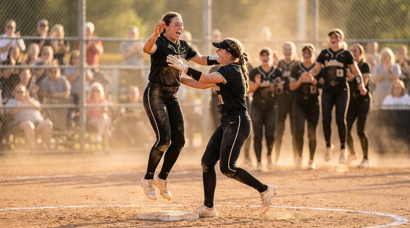 Missouri softball players celebrating a play at home plate during golden-hour