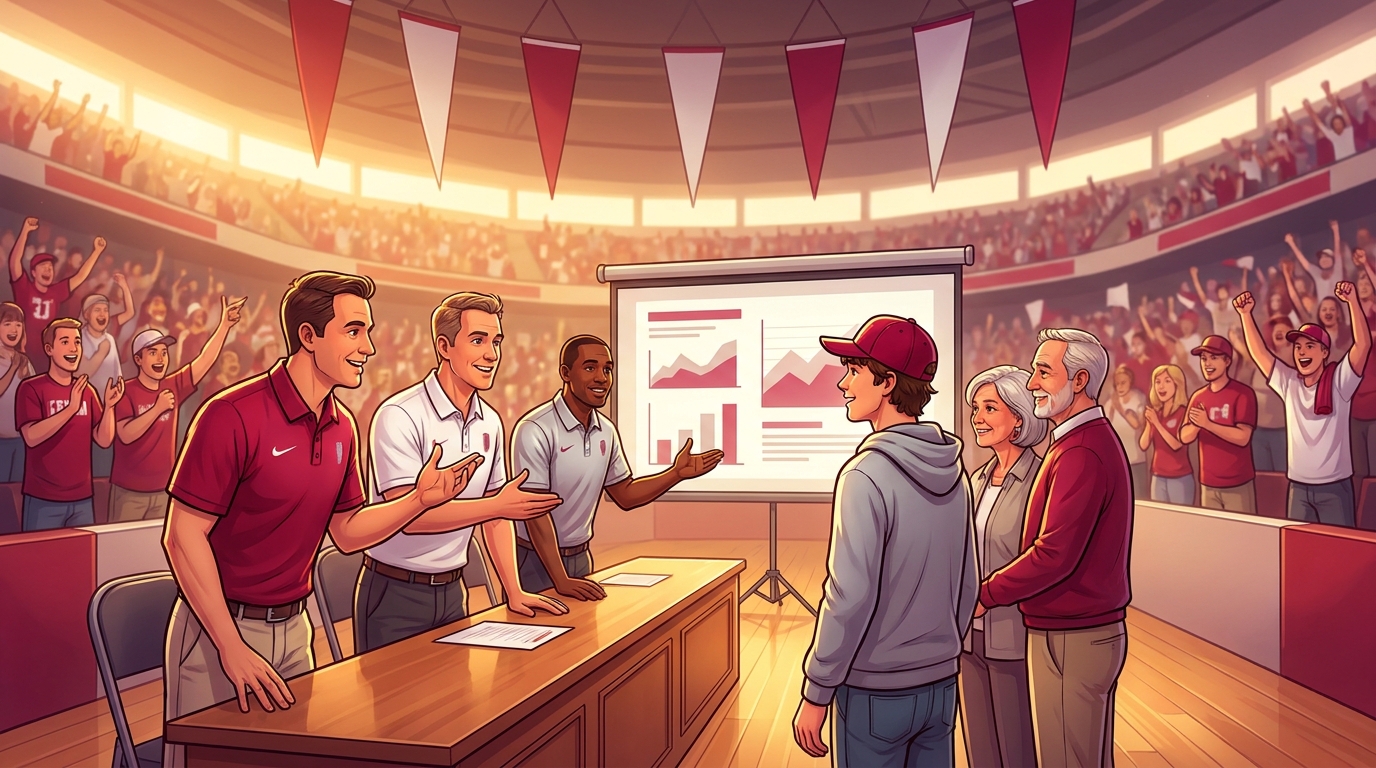 Illustration of Alabama Crimson Tide official visit scene showing stadium, presentation area, coaches, prospect, and cheering fans in crimson and white.