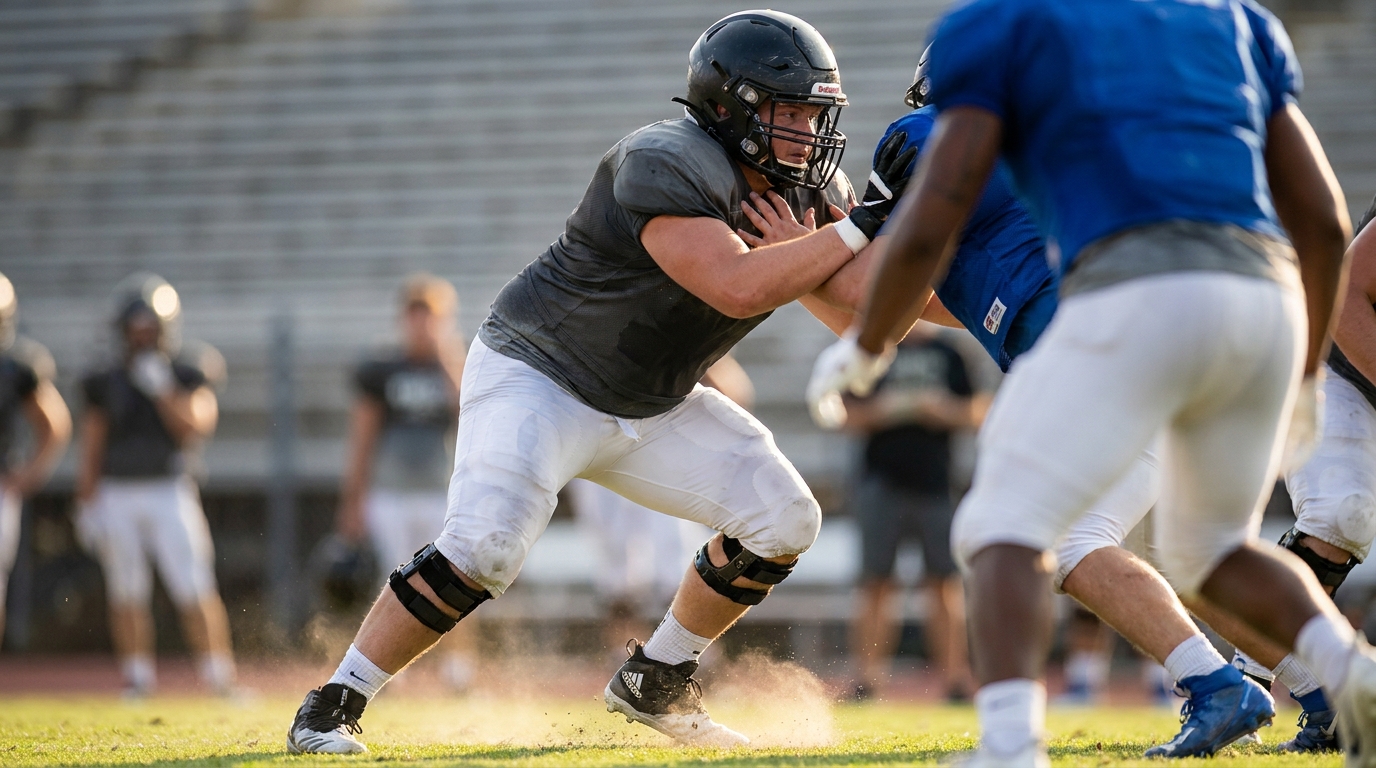 College offensive lineman in low-pad block practice