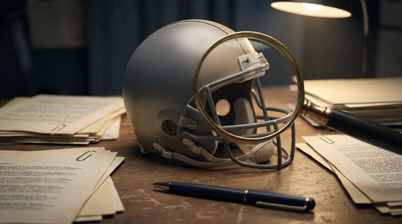 A magnifying glass over a football helmet and contract documents on a desk, symbolizing investigation and compliance review