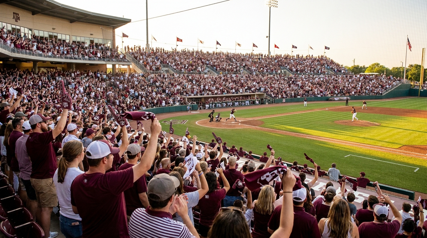Olsen Field at Blue Bell Park packed with cheering Texas A&M fans on game day