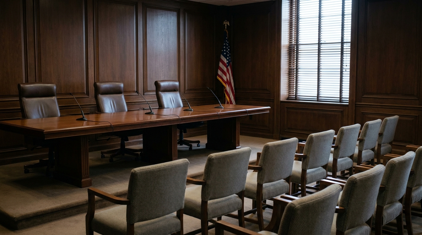 Interior of a parole board hearing room with a raised dais, empty chairs, and soft daylight through blinds
