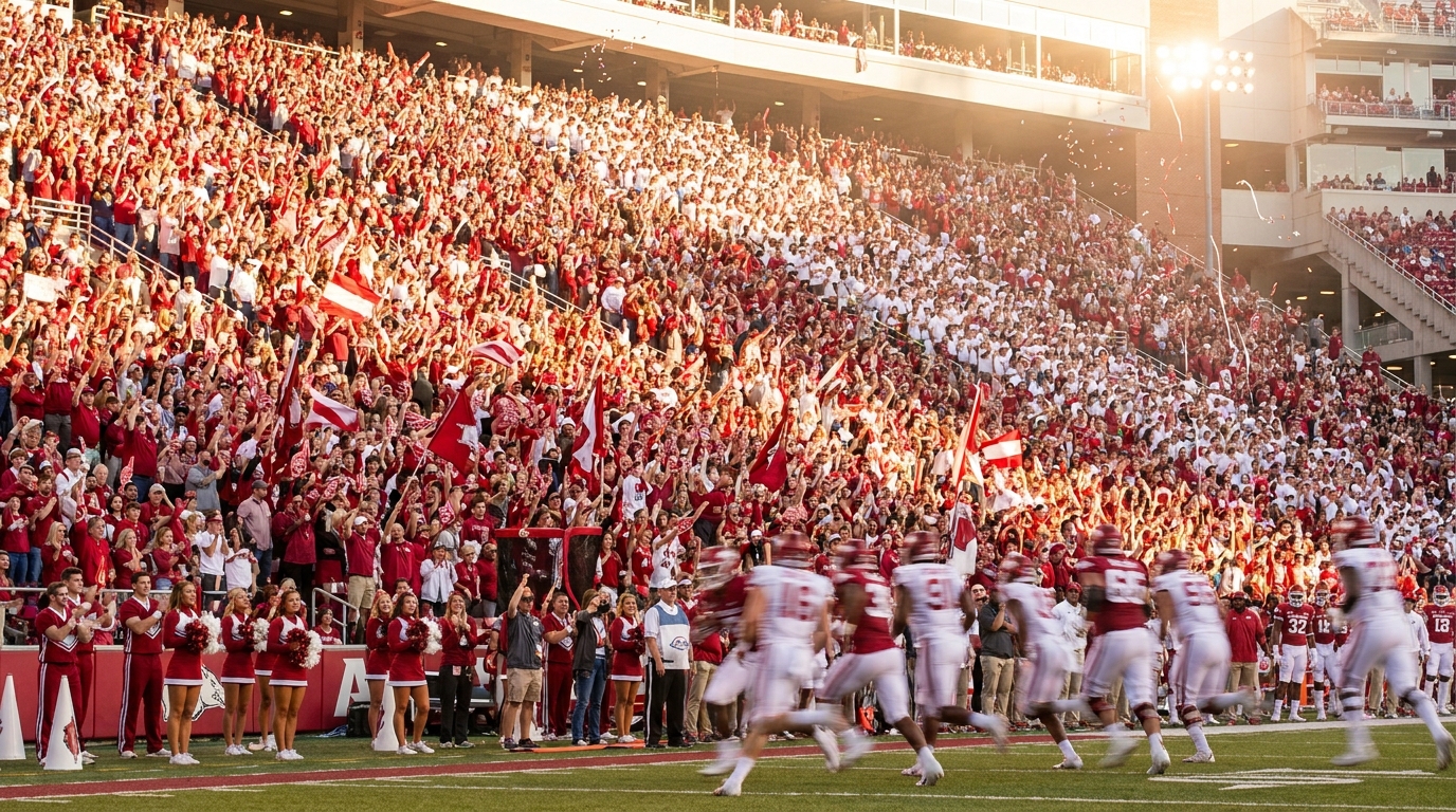 Packed Razorbacks stadium on game day with fans in cardinal red, confetti falling, late-afternoon sunlight and a dynamic play on the field