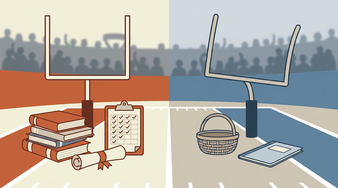 Split football field symbolizing transfer credit inequality between universities