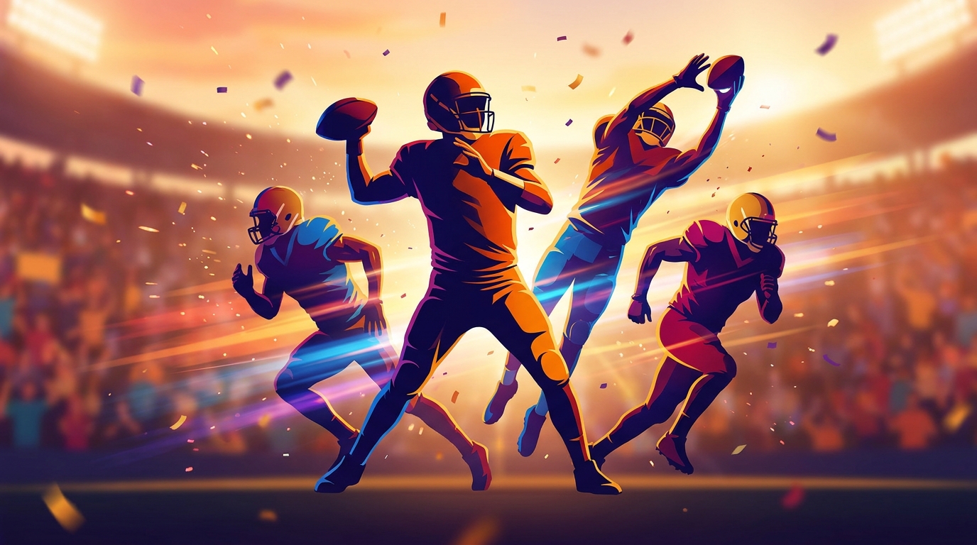 Dynamic collage of football player silhouettes charging toward a stadium at sunset with motion streaks and confetti, conveying the energy of 2026 SEC transfers