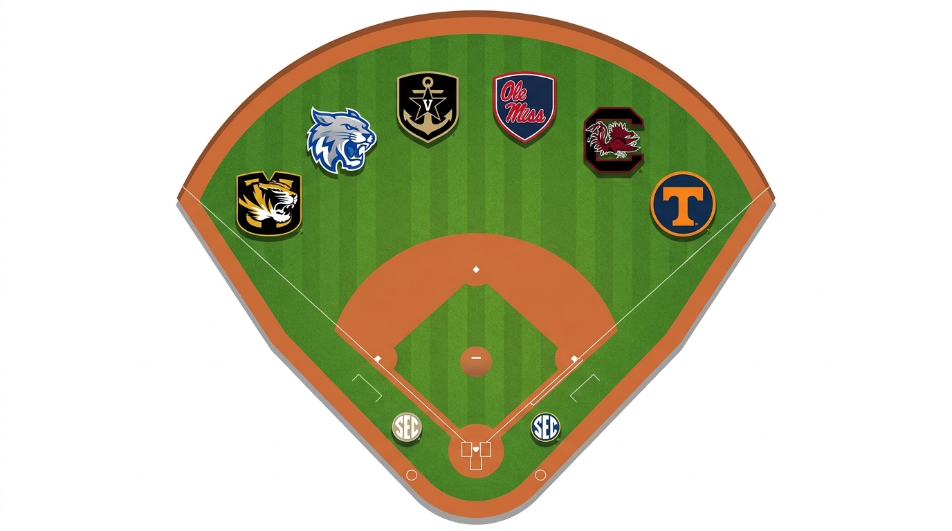 Overhead baseball field with SEC team crests
