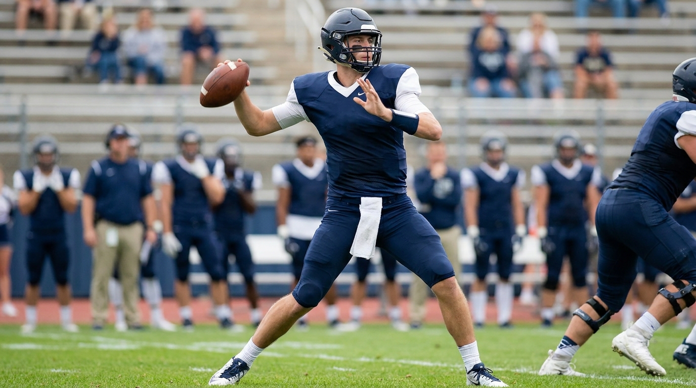 Tall quarterback in mid-throw on a grass field