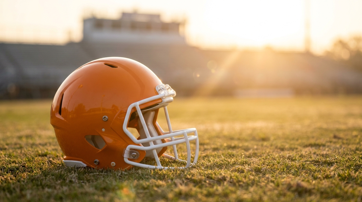 Photorealistic Tennessee Volunteers helmet against a warm sunrise background