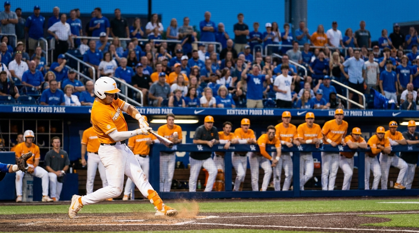 Tennessee Volunteers players swinging and celebrating at Kentucky Proud Park