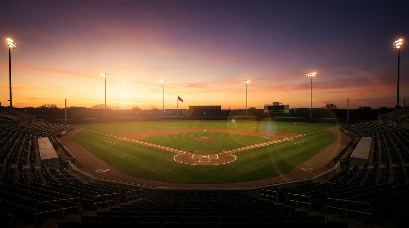 Sunset over an empty college baseball stadium with lit field and glowing sky