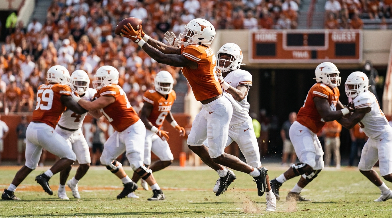 Tennessee Volunteers players in action: receiver leaping, defender contesting catch, teammates blocking in background