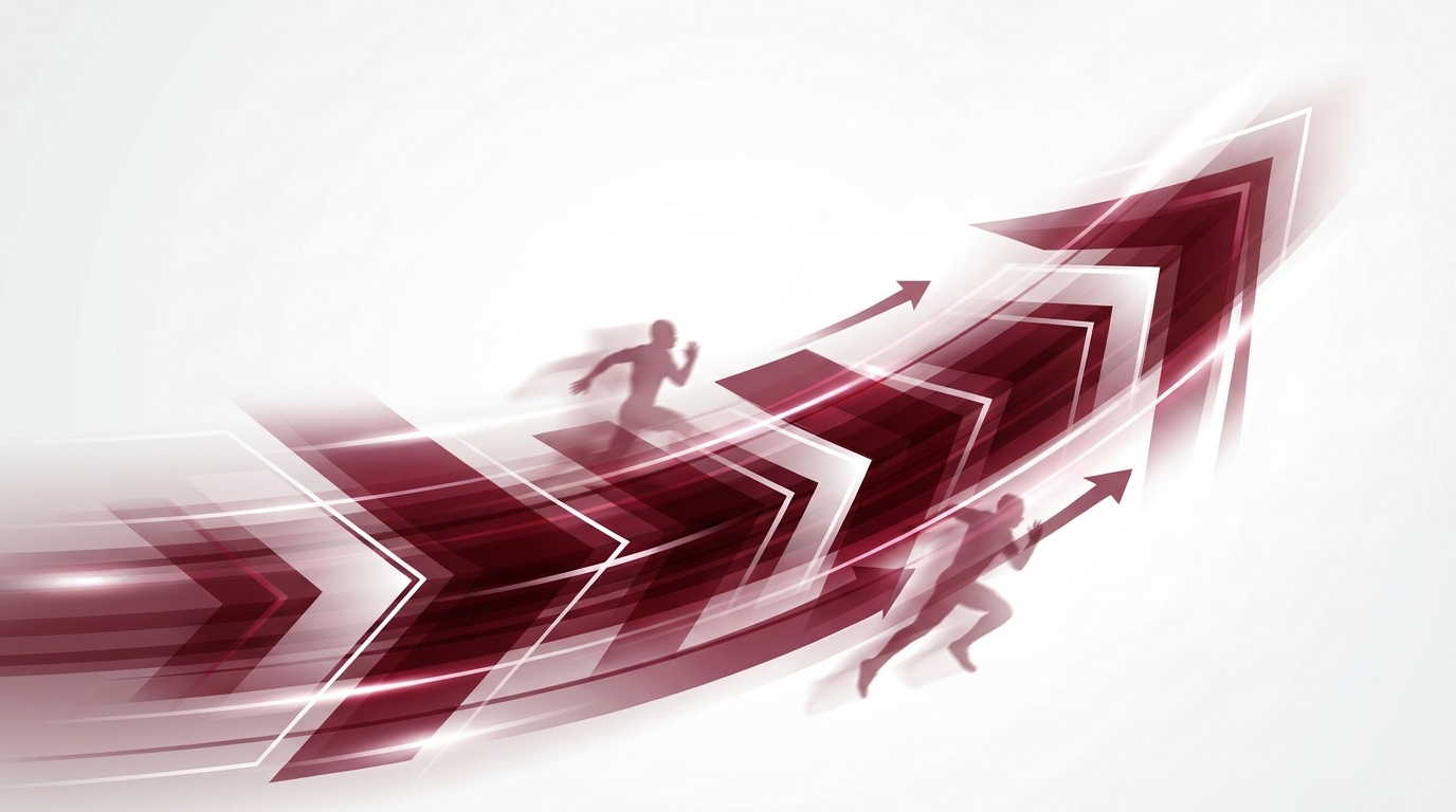 Abstract maroon and white image showing upward arrow and athletes in motion