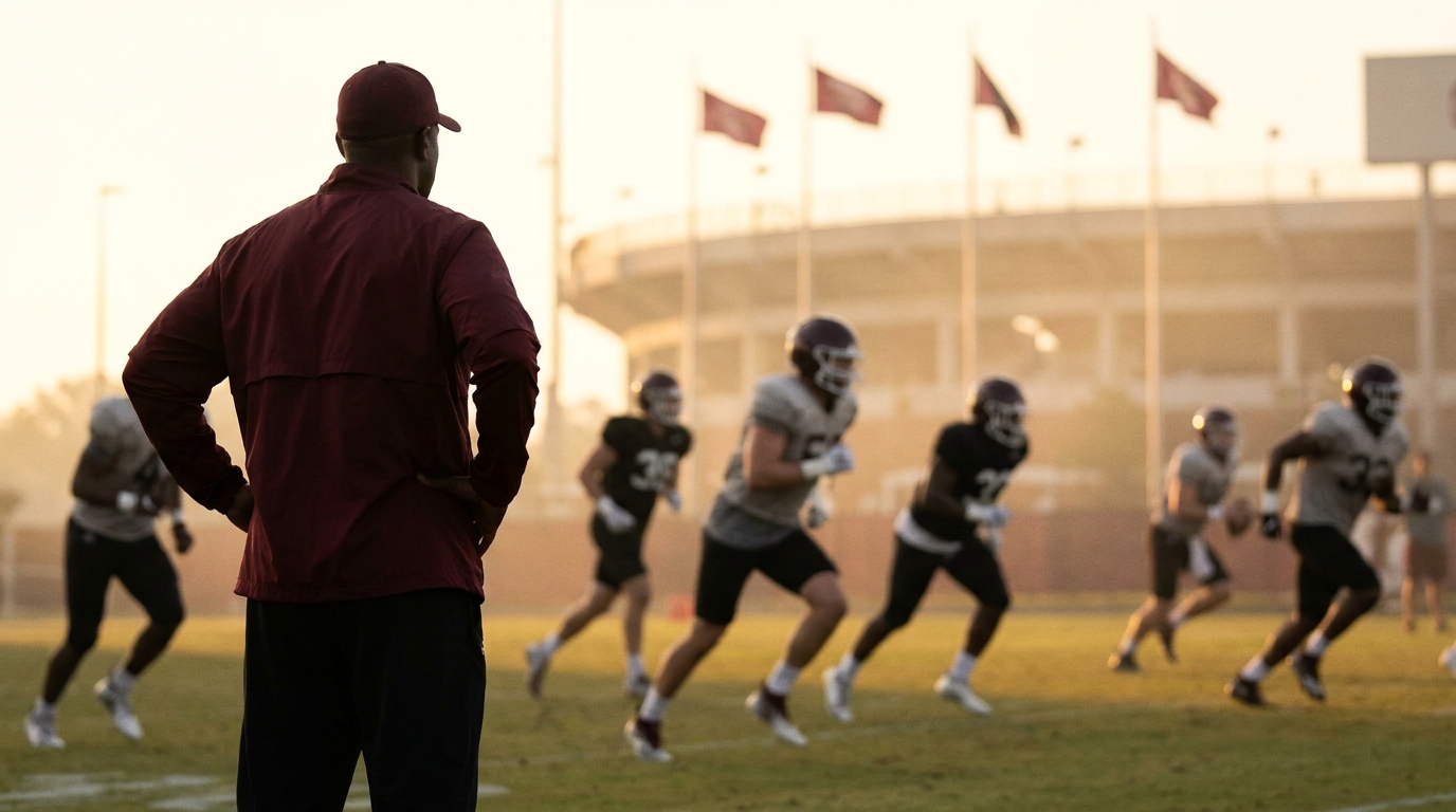 Coach silhouette watching recruits on a golden-hour practice field