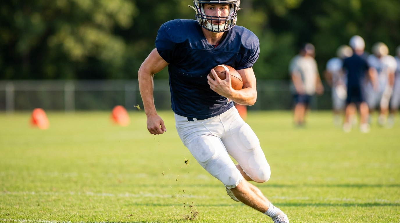 Young football player in practice gear running with the ball on a practice field
