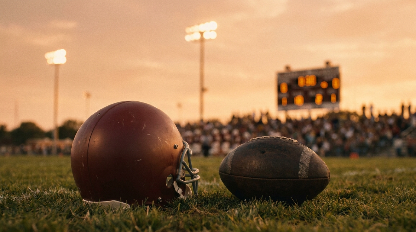 Helmet and football on grass with stadium lights and a vintage scoreboard at dusk