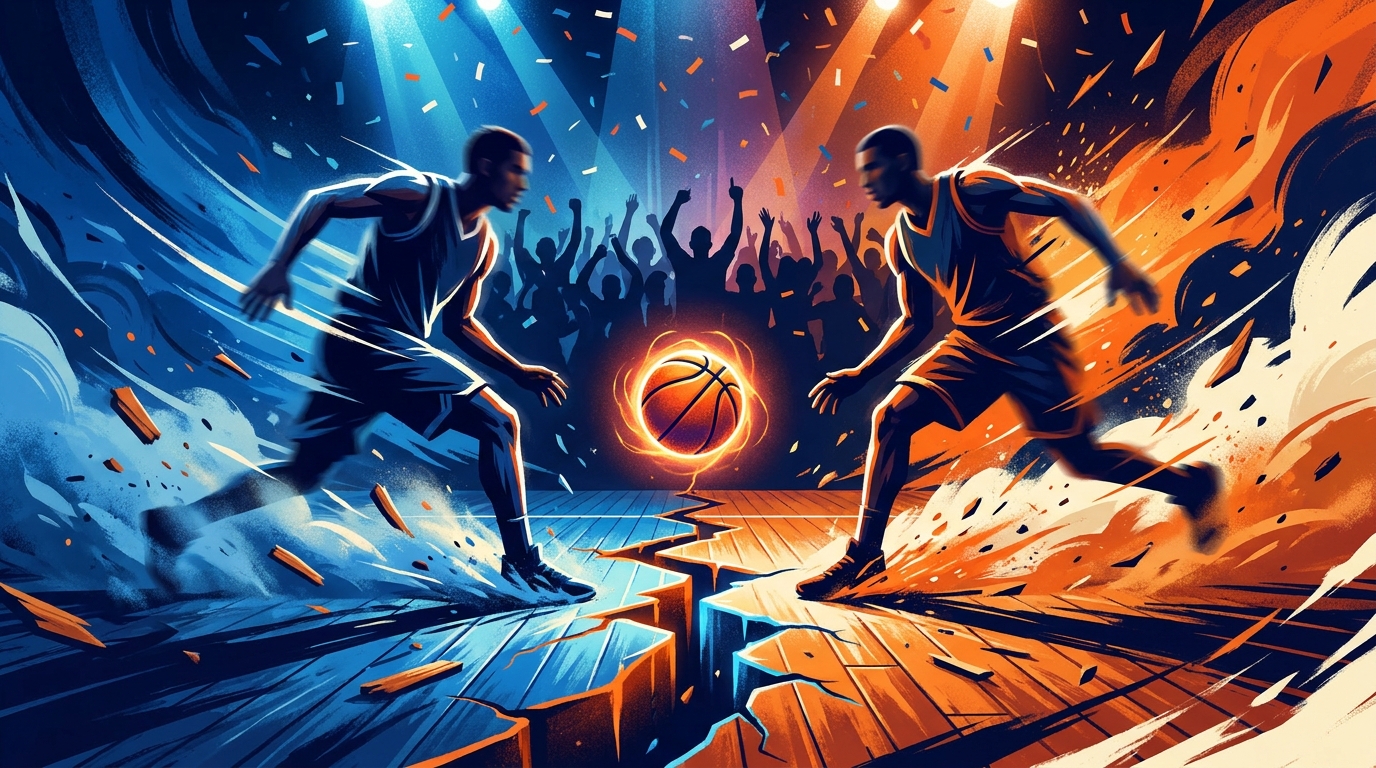 A diagonal split composition shows Kentucky blue on the left and bold orange navy on the right with a glowing basketball hovering above a cracked hardwood seam. Two player silhouettes lunge toward the ball while stadium lights and a silhouetted crowd create a cinematic, high-energy arena atmosphere.