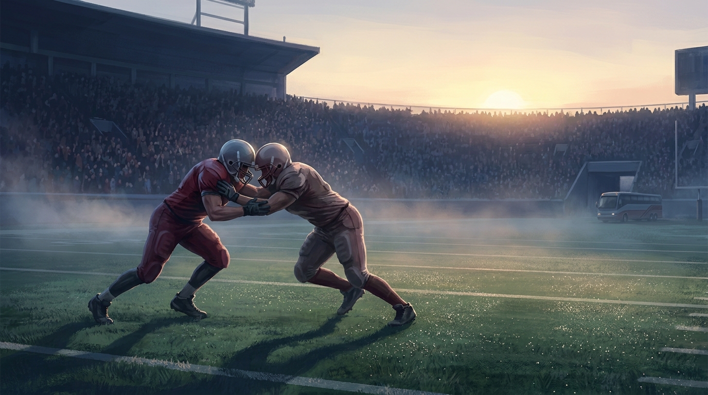 Stadium silhouette at dawn with two helmeted players in a tense turf battle