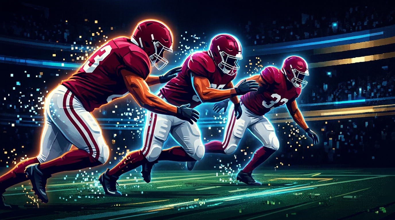 Alabama defense illustration: three defenders charging under stadium lights