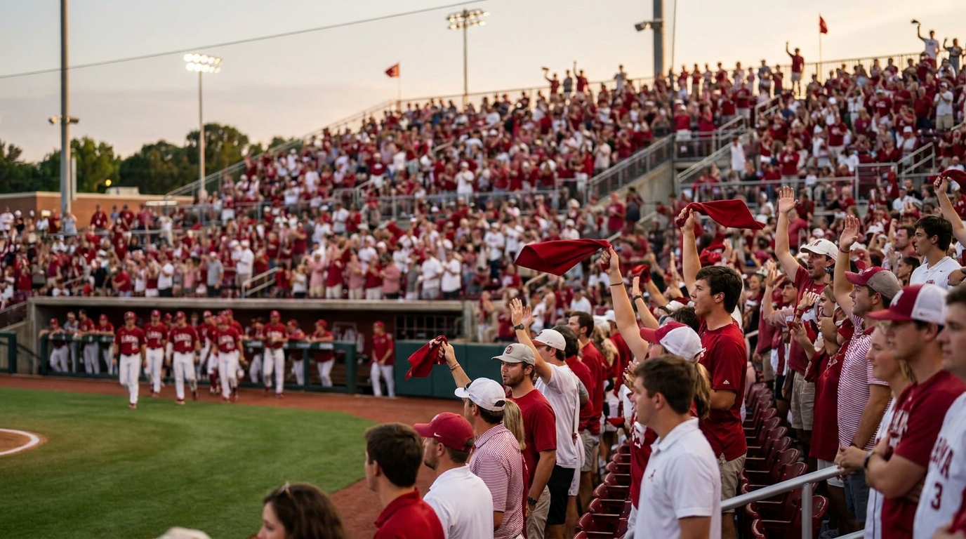 Alabama baseball fans in Tuscaloosa cheering during a packed home game
