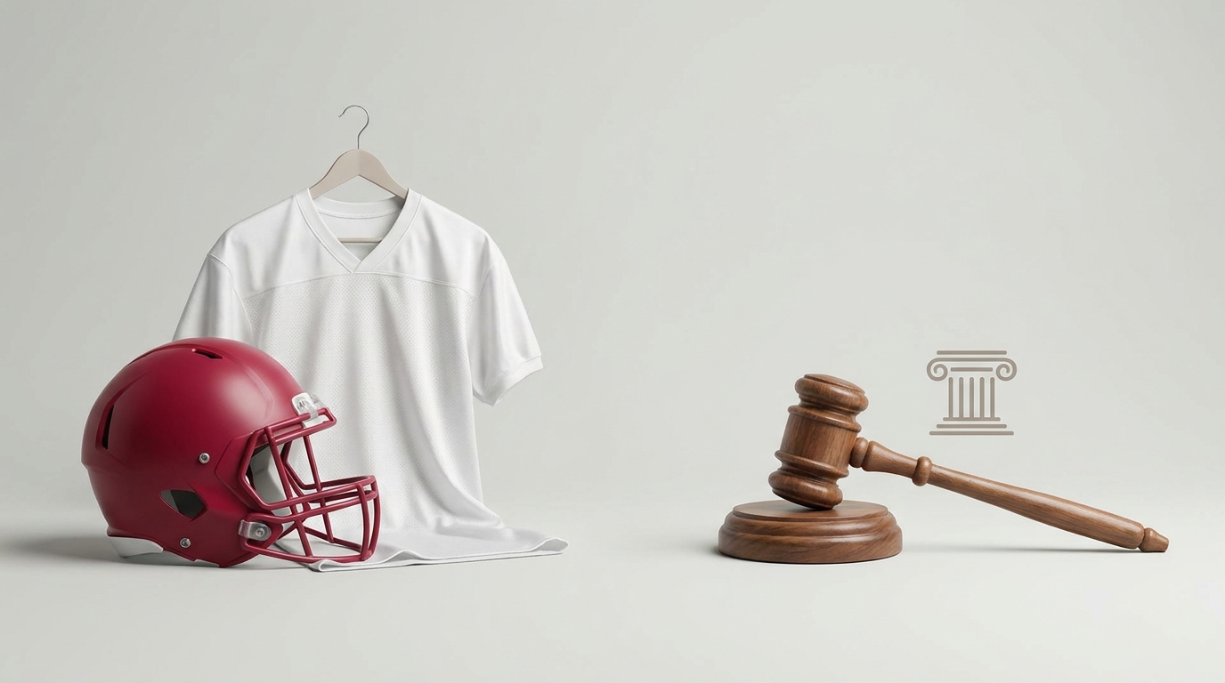 Crimson helmet with gavel and courthouse column