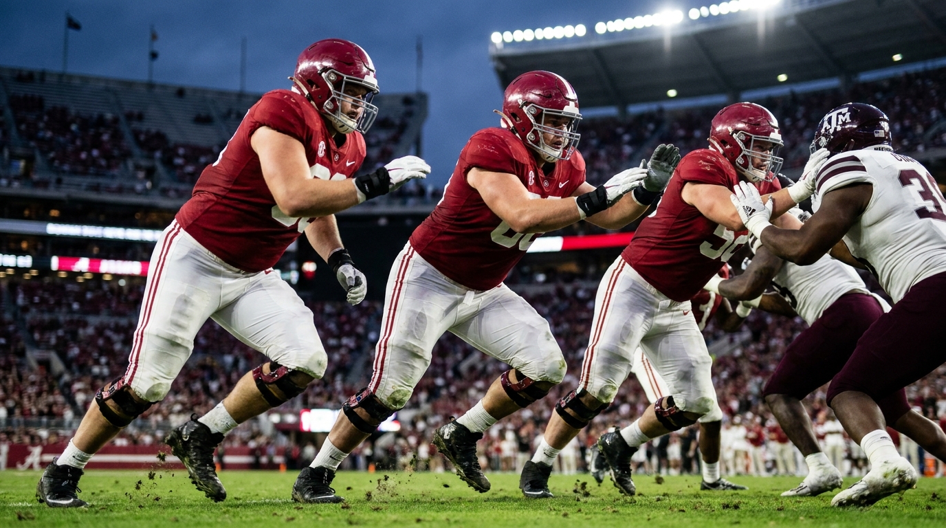 Alabama offensive linemen executing a synchronized run block