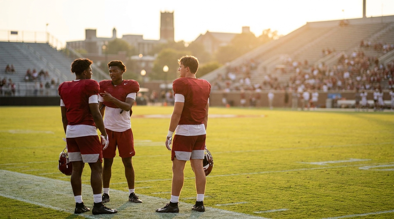 Three high school players at Bryant Denny Stadium during golden hour