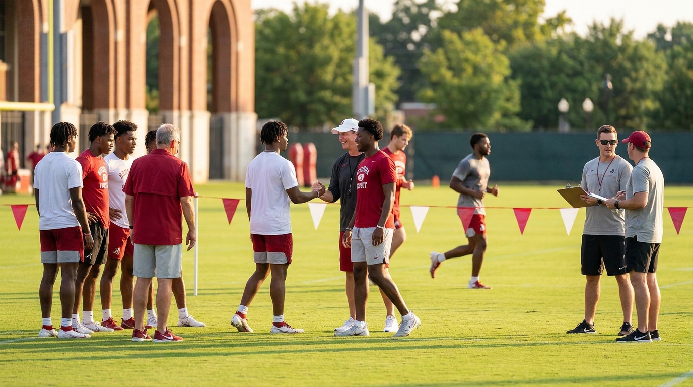 Football recruiting atmosphere at Alabama showcasing young athletes and coaches interacting, symbolizing enthusiasm and commitment for the 2026 roster